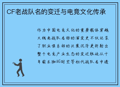 CF老战队名的变迁与电竞文化传承